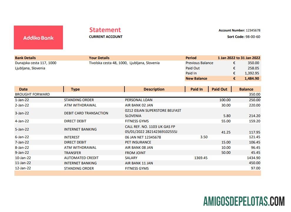 Slovenia Addiko Bank Statement Xls amostra